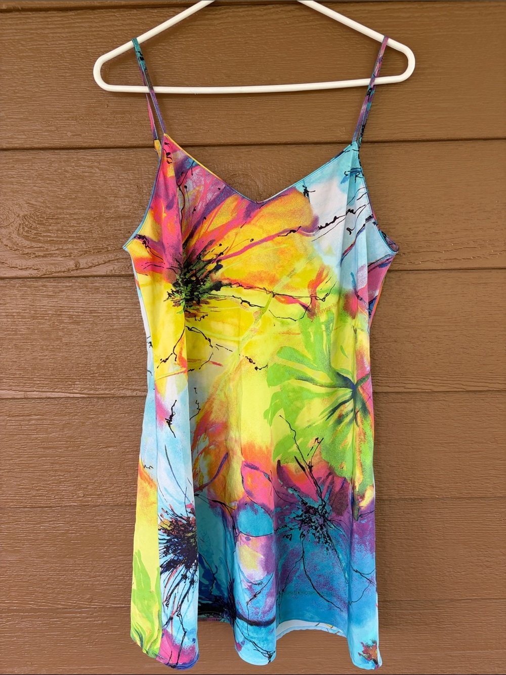 Natori Multicolor Floral Slip Dress Adjustable Straps - Yellow, Pink, Blue -Sz M